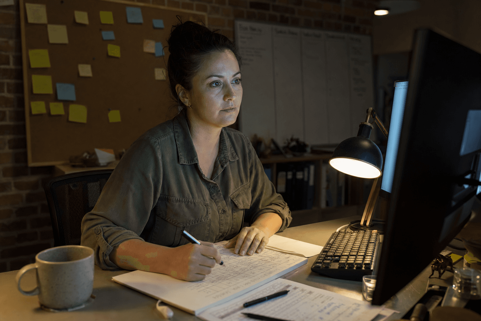 A female-presenting engineer sits at her desk in a dimly lit Australian office, her face illuminated by monitor glow and a warm task lamp, with a hand-written notebook open in front of her and a sticky-note corkboard visible behind her.