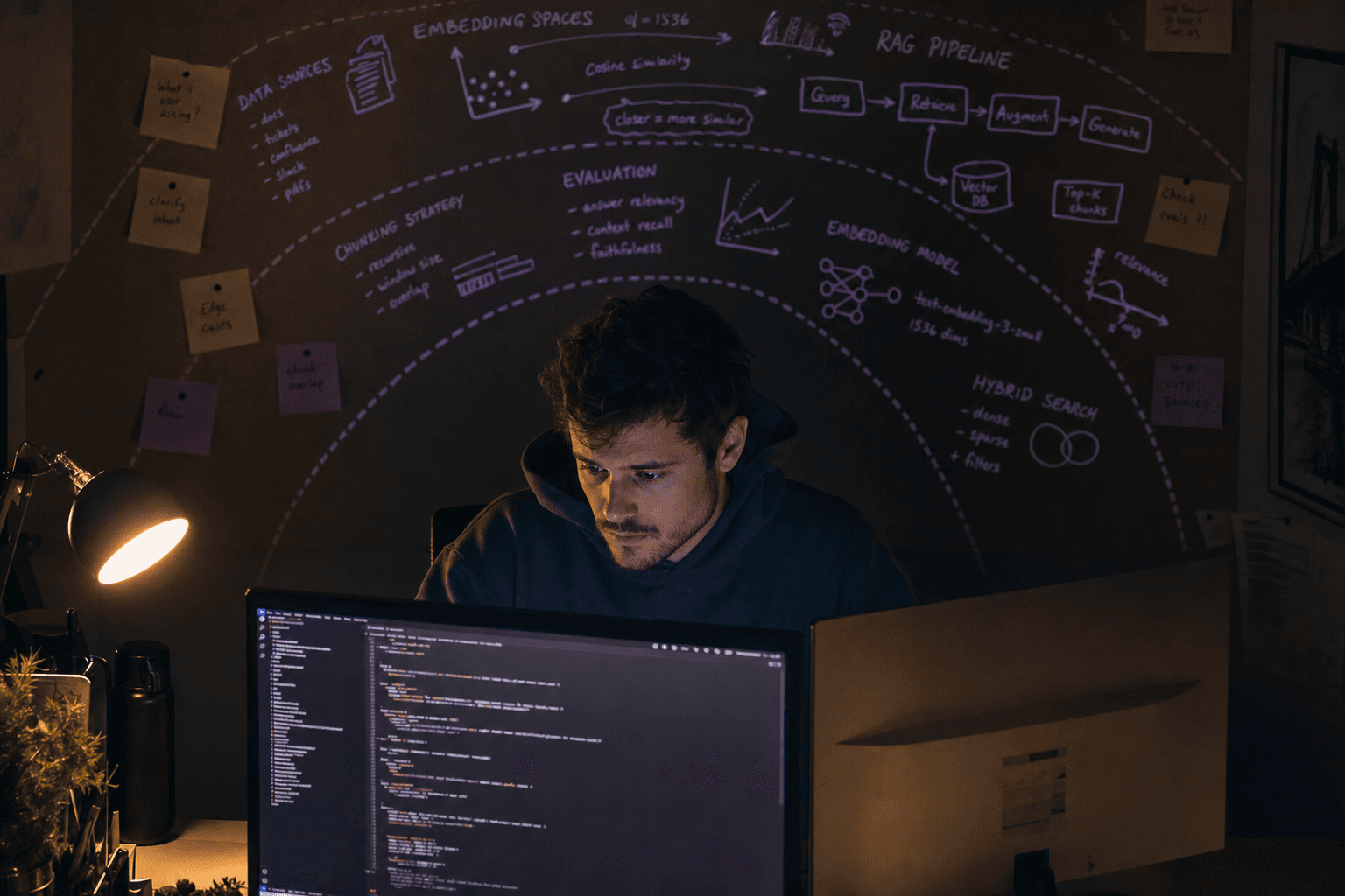 A male ML engineer sits in a darkened office, lit by monitor glow, surrounded by concentric arcs of hand-drawn vector database and RAG pipeline diagrams on a corkboard behind him.