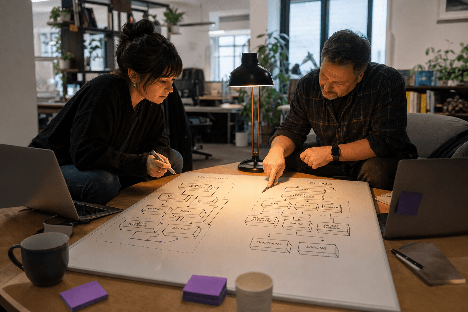 Two engineers crouch over a whiteboard laid flat on a table in a Melbourne office, examining hand-drawn isometric deployment architecture diagrams under a focused desk lamp, laptops and sticky notes nearby.