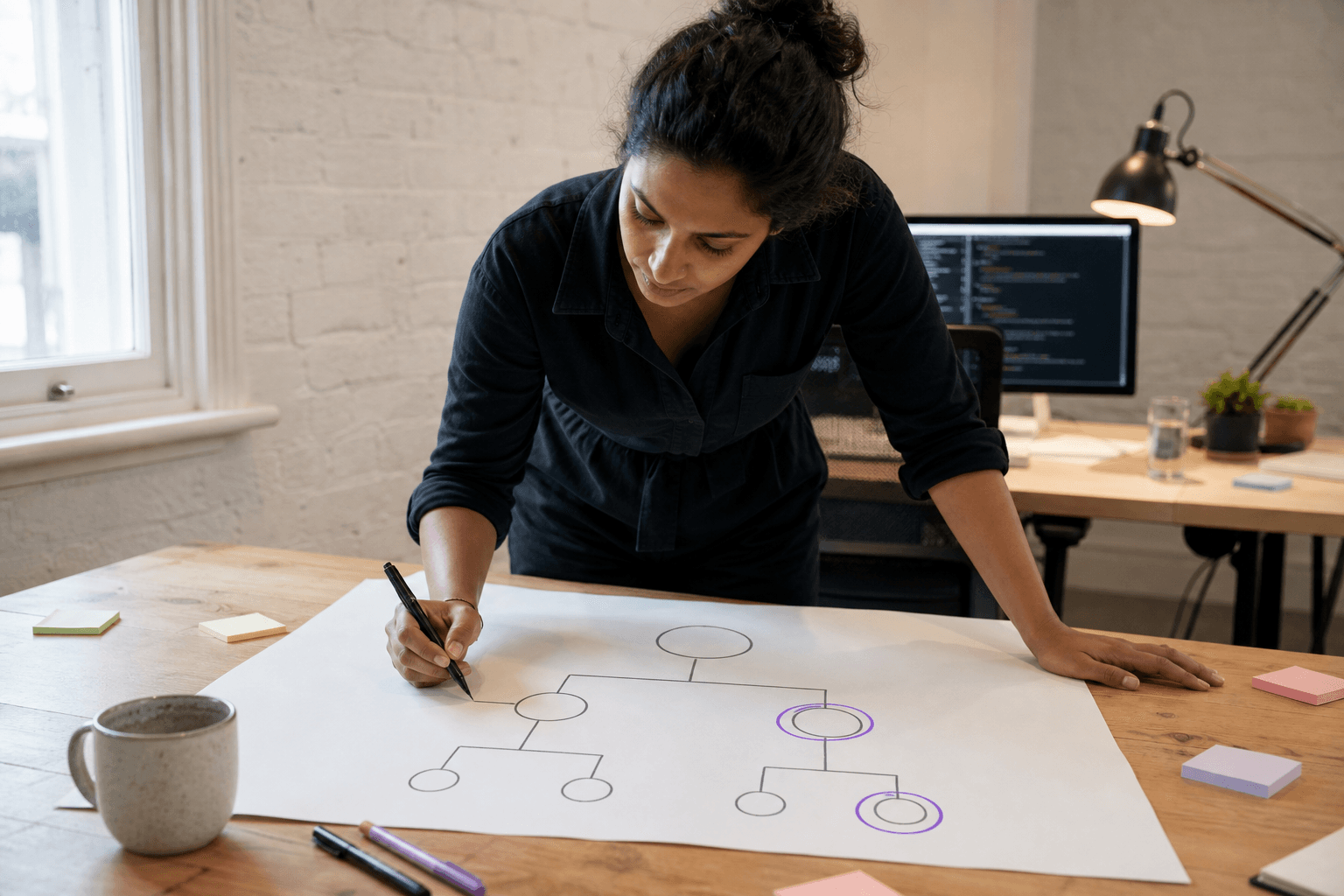 A woman engineer sketches a structured three-tier node-and-edge hierarchy diagram in dark pen on a large sheet of white paper at a timber desk in a bright Australian office, with two nodes lightly circled in purple marker, morning light entering from a sash window.
