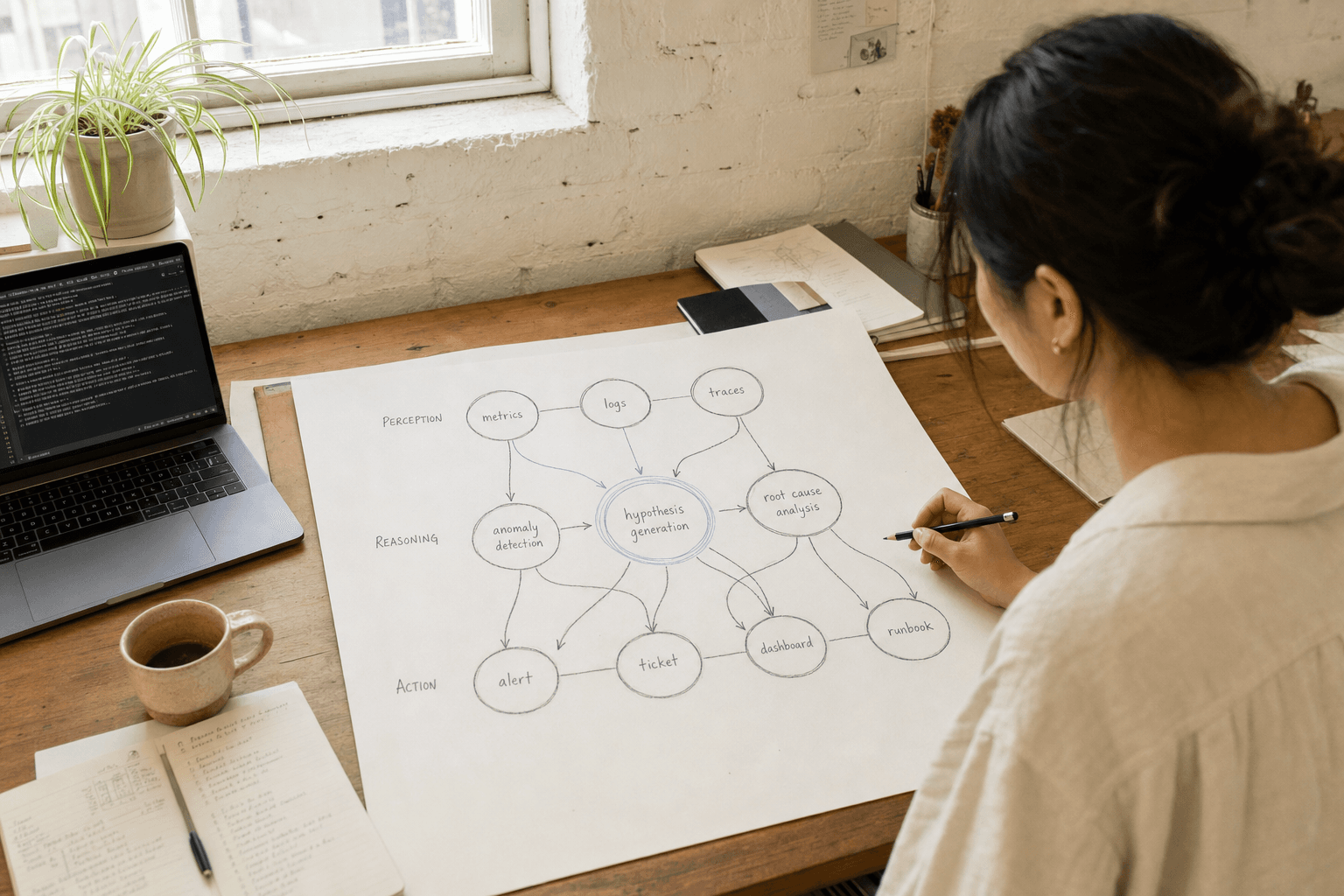 A young East Asian woman engineer sketches a three-tier node-and-edge diagram on large paper at a timber desk in a light-filled Australian office with whitewashed brick walls, morning sunlight coming through a sash window beside her.
