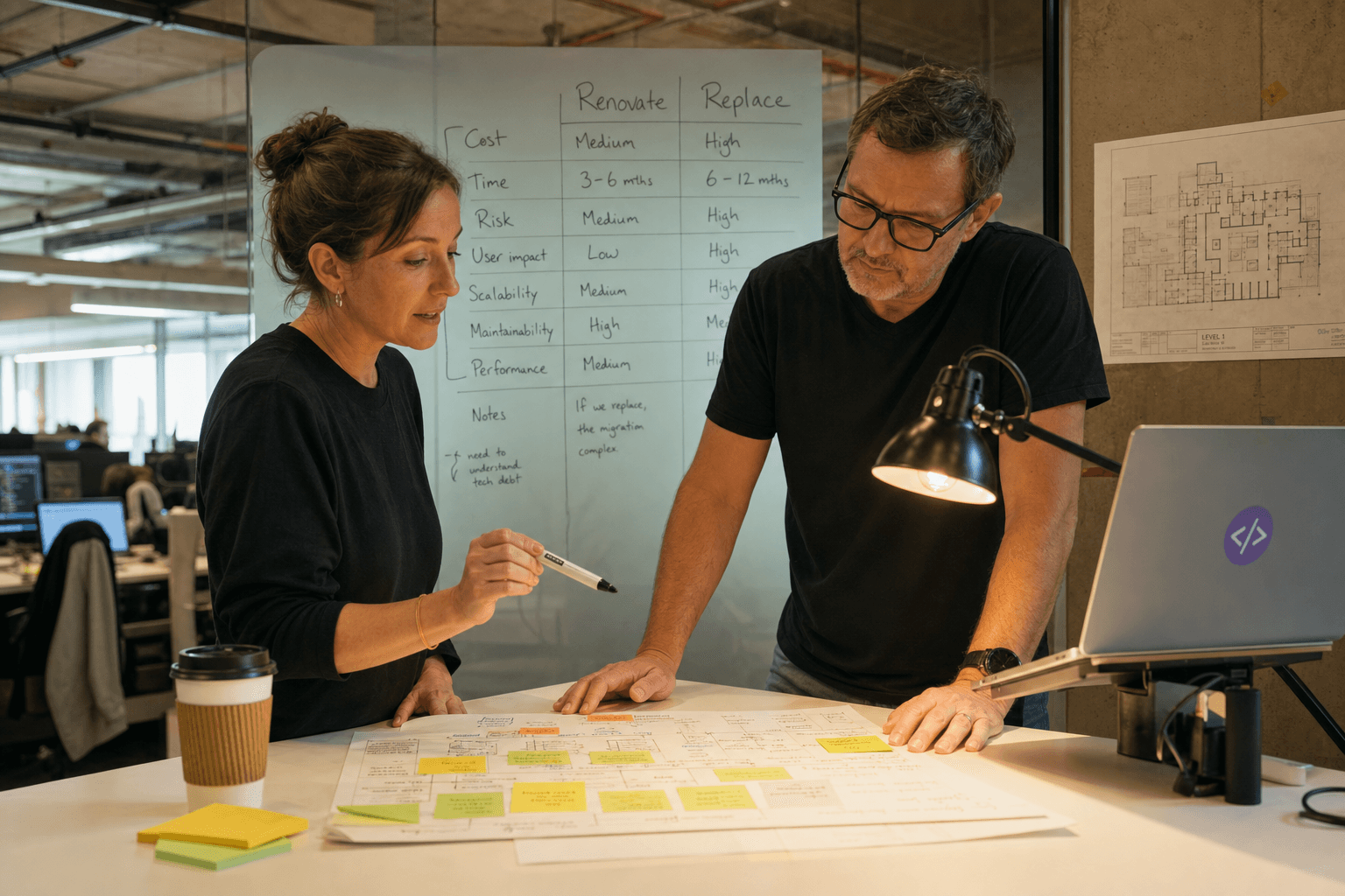 Two engineers collaborate at a glass partition whiteboard in an Australian tech office, reviewing a hand-drawn replace-versus-renovate decision matrix, with a warm desk lamp illuminating annotated worksheets and sticky notes on the table between them.