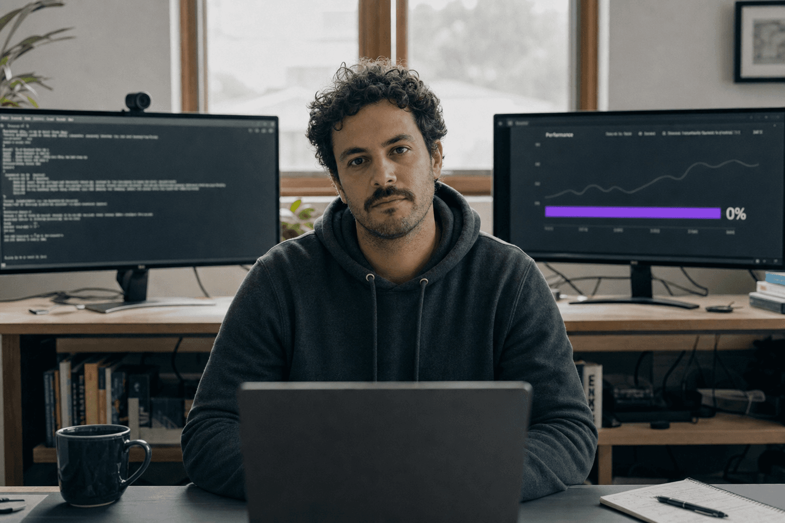 A developer sits centred between two monitors in a quiet Australian office, with a single violet-highlighted stalled metric on the right screen and soft daylight rimming him from behind.